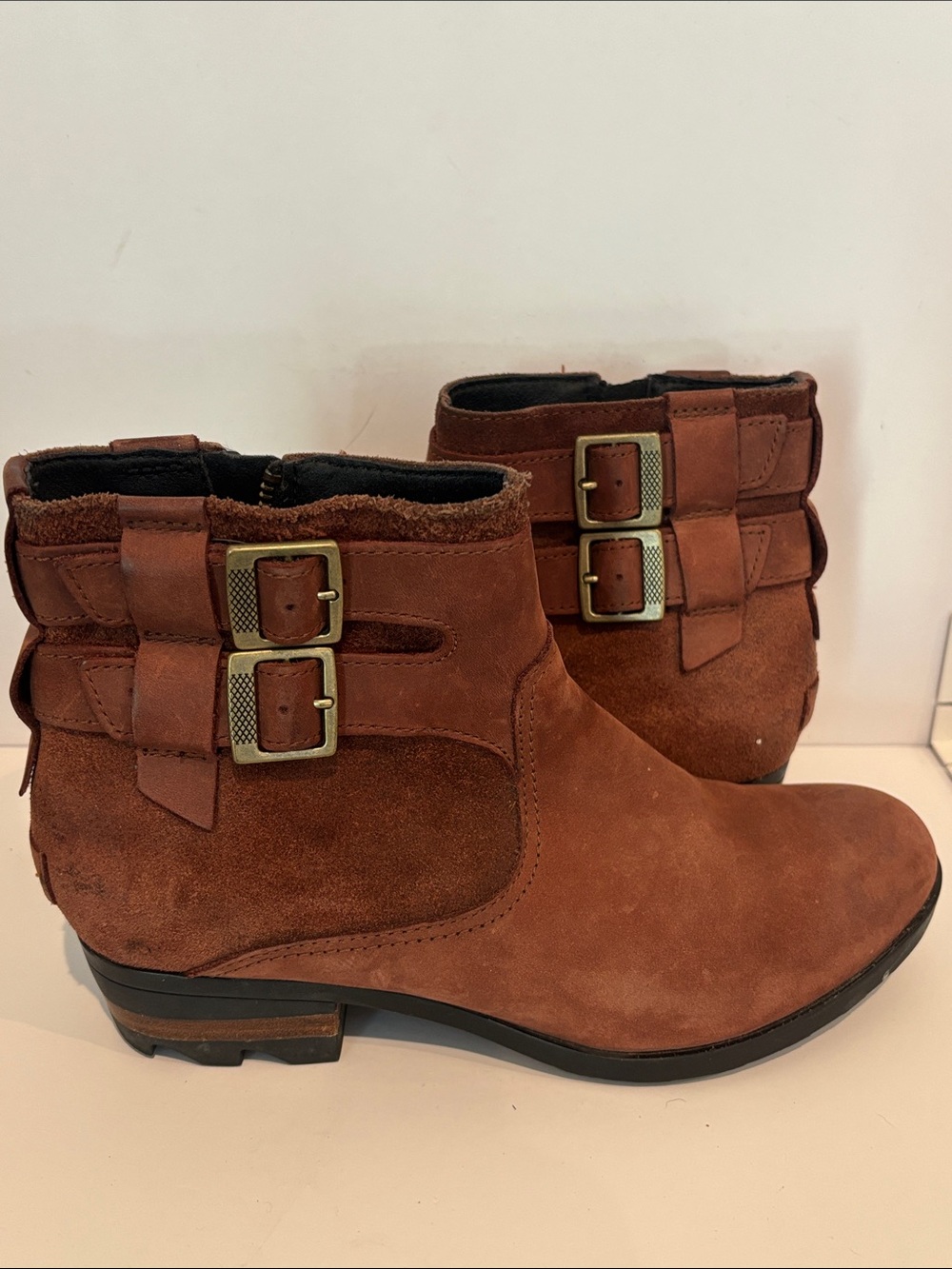 Sorel Lolla Waterproof Leather Buckle Ankle Booties Brown - Women's Size 8